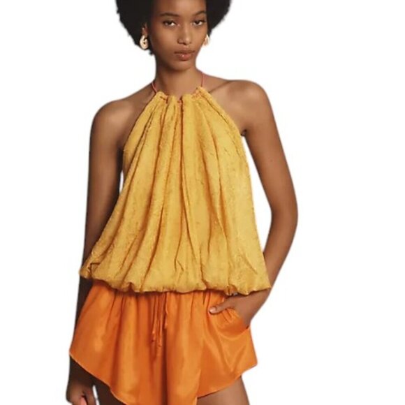 Anthropologie Halter Parachute Bubble-Hem Tank Blouse Toggle Back Yellow XS, NWT - Picture 1 of 10